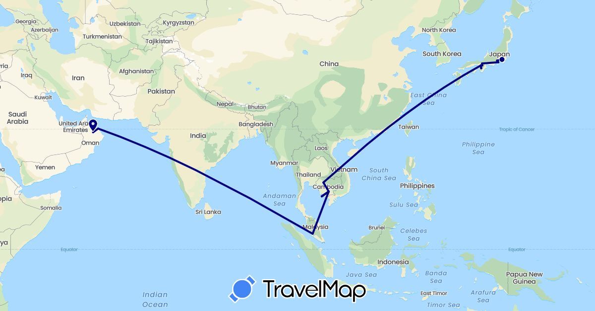 TravelMap itinerary: driving in Japan, Cambodia, Malaysia, Oman (Asia)